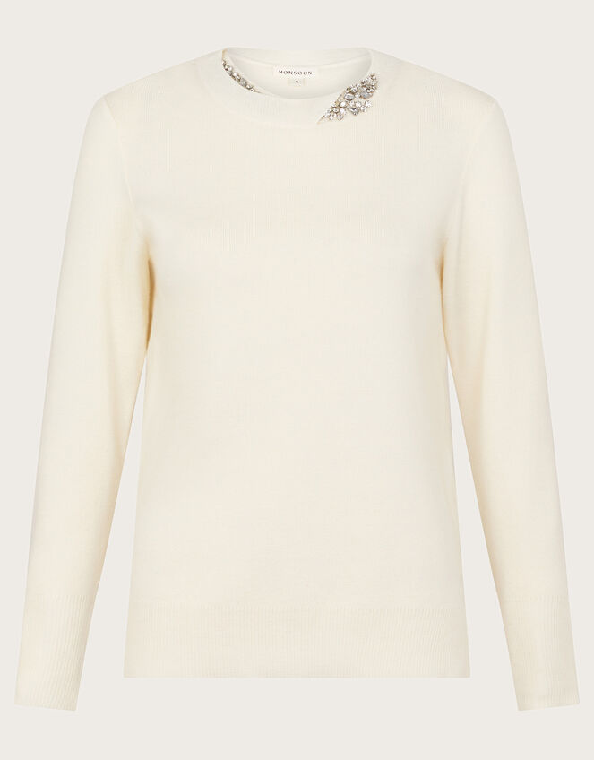 Eva Embellished Neck Jumper, Ivory (IVORY), large