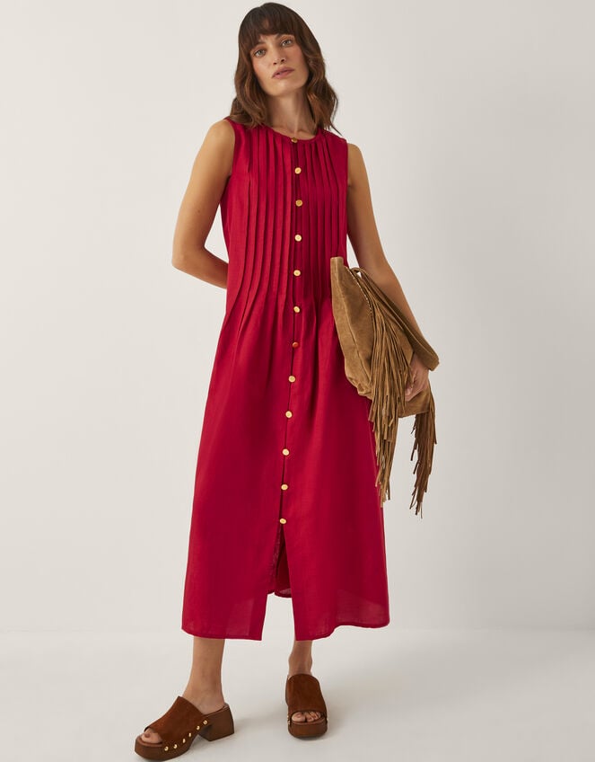 Monica Linen Blend Pleated Midi Dress, Red (RED), large