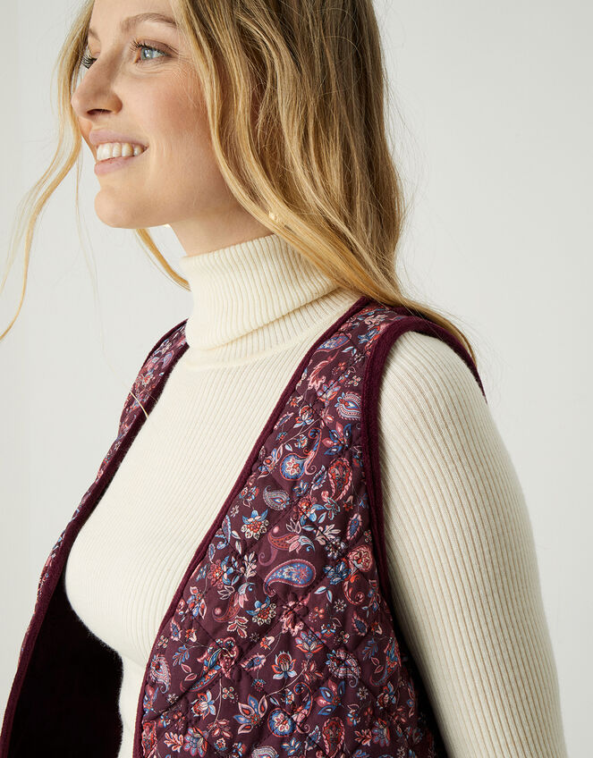 Paisley Print Quilted Waistcoat with Sustainable Cotton, Red (BURGUNDY), large