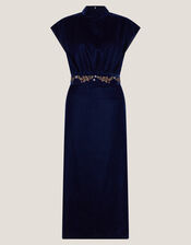 Grace High Neck Embroidered Velvet Midi Dress, Blue (NAVY), large