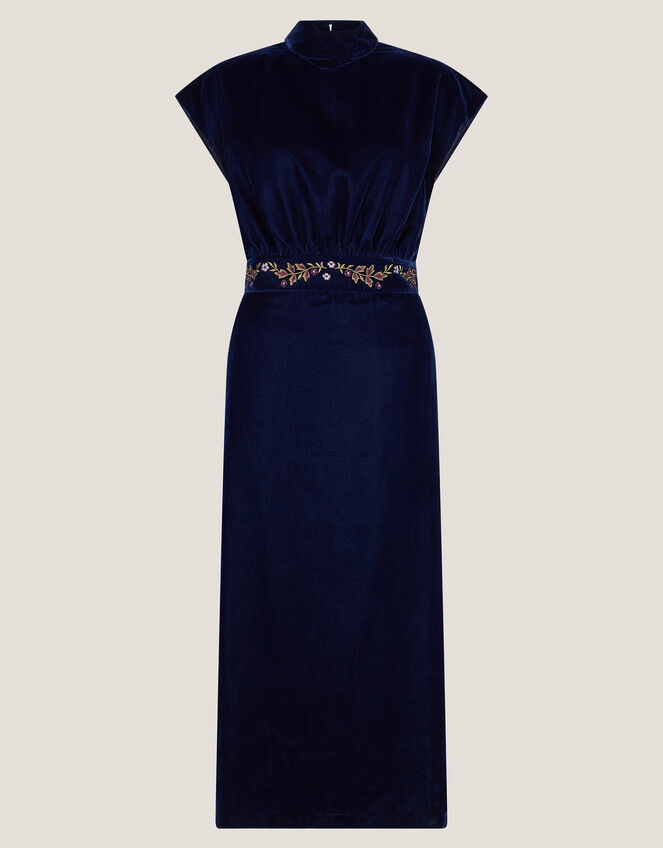 Grace High Neck Embroidered Velvet Midi Dress, Blue (NAVY), large