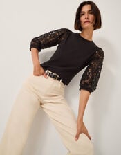Flavia Sheer Appliqué Sleeve Top, Black (BLACK), large