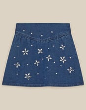 Jewel Flower Denim Skirt, Blue (BLUE), large