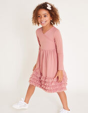 Long Sleeve Jersey Ruffle Wrap Dress, Pink (PINK), large