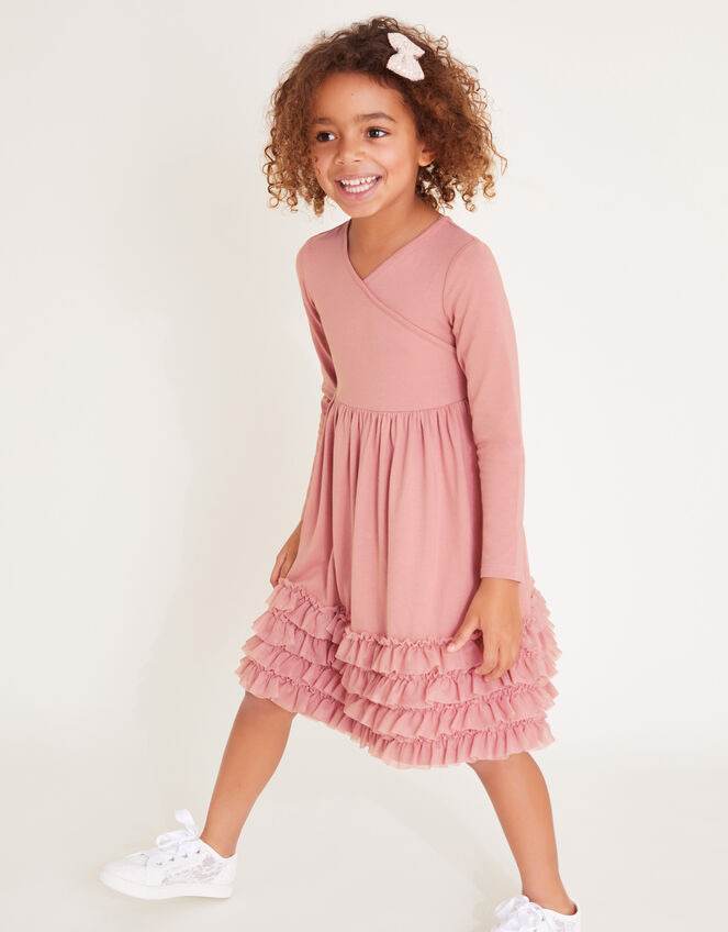 Long Sleeve Jersey Ruffle Wrap Dress, Pink (PINK), large