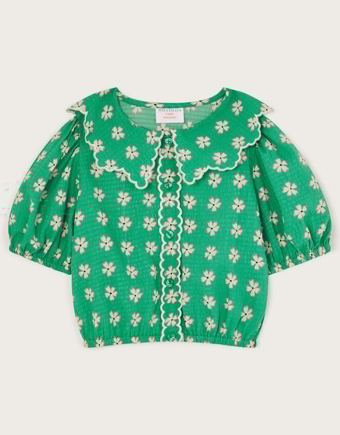 Floral Puff Sleeve Collared Blouse, Green (GREEN), large