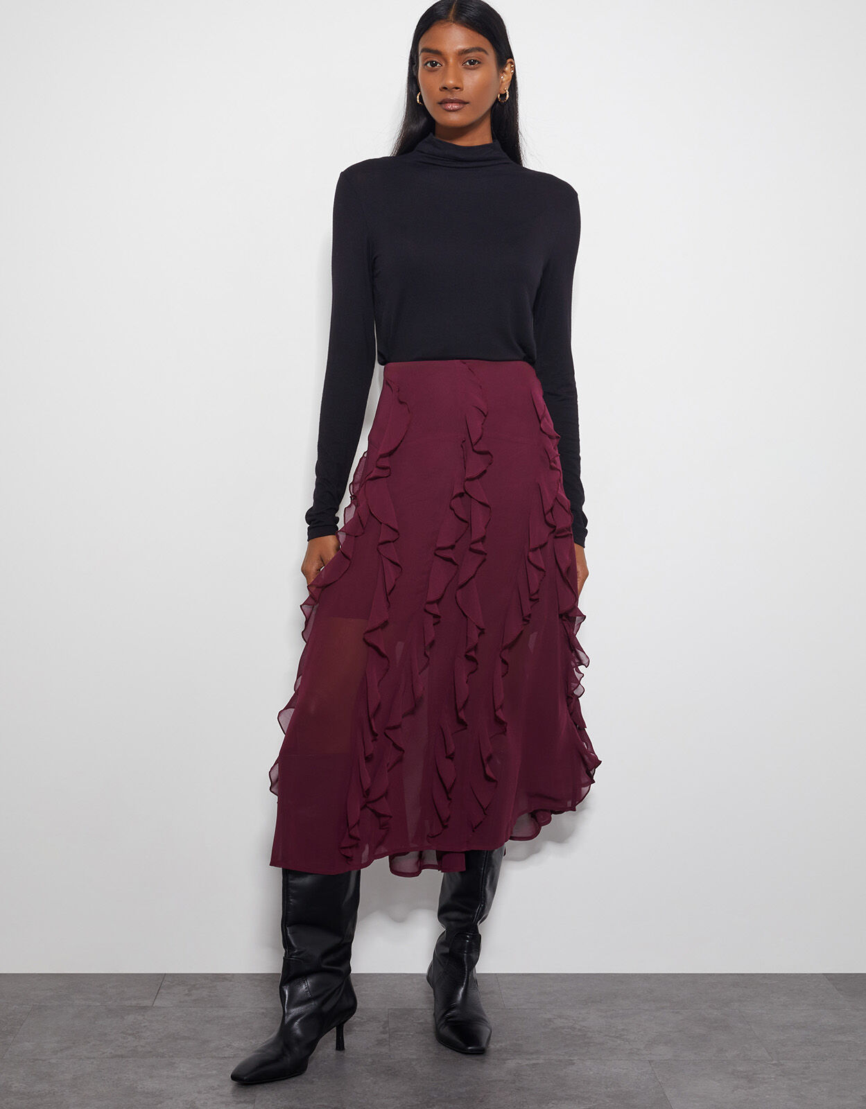 Red midi ruffle skirt clearance