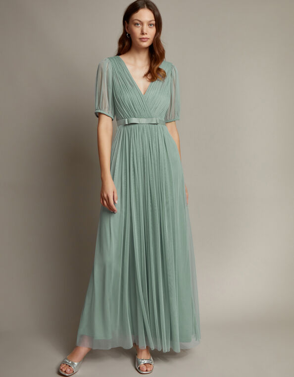 Ellie Sheer Sleeve Plunge Tulle Maxi Dress, Green (SAGE), large