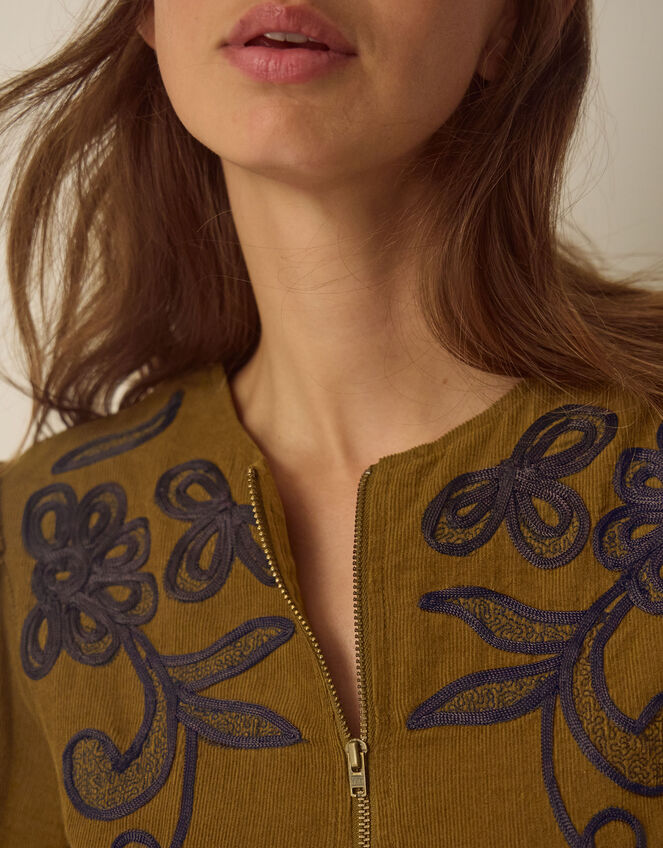Edie Long Sleeve Embroidered Corduroy Midi Dress, Green (CHARTREUSE), large