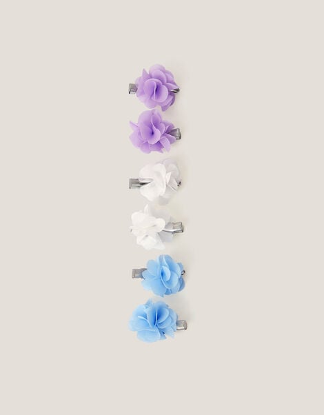 6-Pack Pom-Pom Flower Hair Clips, Blue (BLUE), large