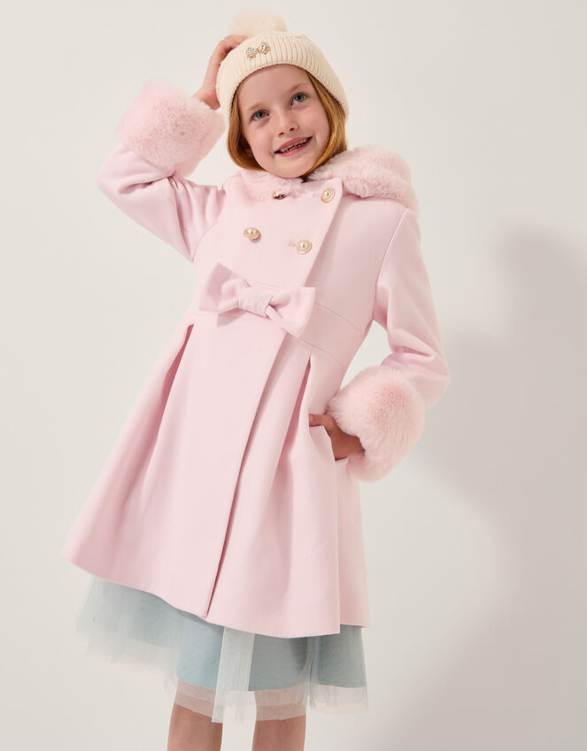 Faux Fur Hood Double-Breasted Coat, Pink (PINK), large
