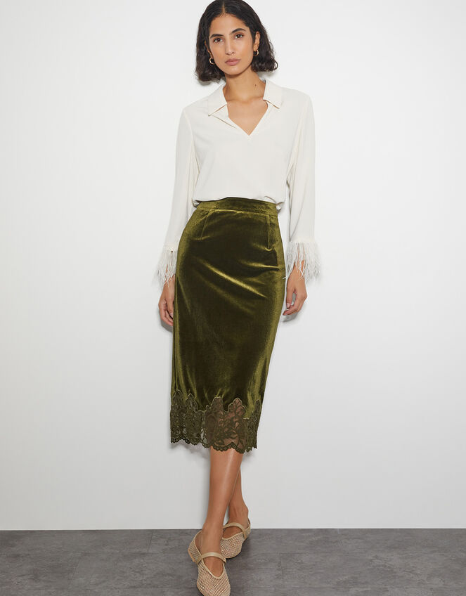 Andi Velvet Lace Pencil Skirt, Green (OLIVE), large