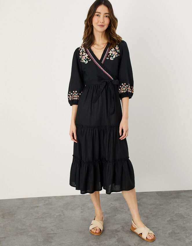 Embroidered Tiered Wrap Dress in Linen Blend, Black (BLACK), large