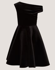 One-Shoulder Velvet Skater Dress, Black (BLACK), large