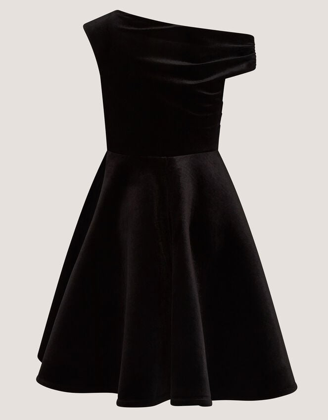 One-Shoulder Velvet Skater Dress, Black (BLACK), large