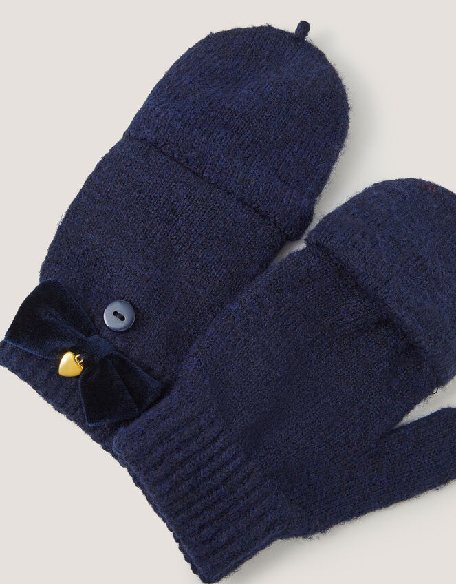 Velvet Bow Fingerless Gloves, Blue (NAVY), large
