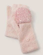 Fuzzy Sequin Capped Gloves, Pink (PINK), large