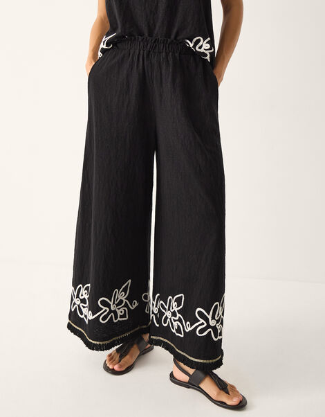 Sara Embroidered Wide Leg Trousers, Black (BLACK), large