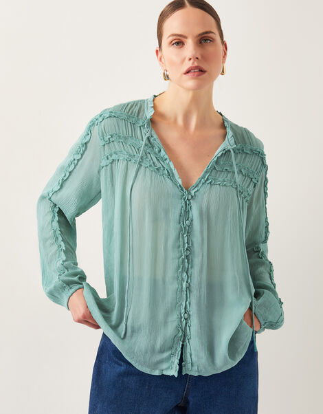 Juliet Sheer Texture Ruffle Blouse, SEA GREEN, large