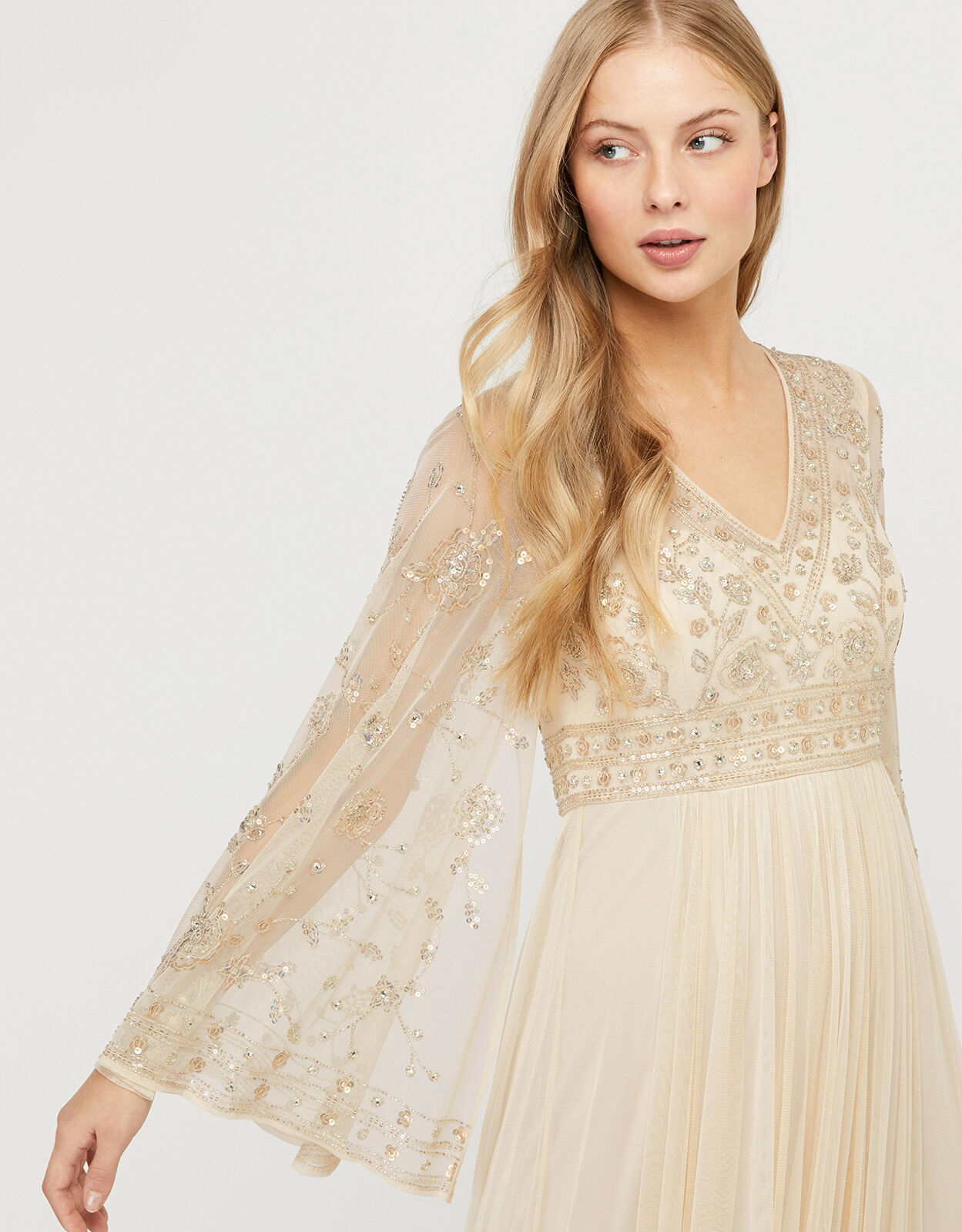 Fleur Embellished Flared Sleeve Maxi Dress Natural Evening Dresses Monsoon Global