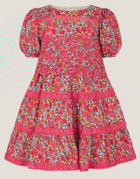 Floral Broderie Puff Sleeve Dress, Pink (PINK), large