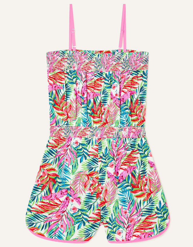 Palm Print Shirred Playsuit in Recycled Polyester, Green (GREEN), large