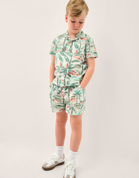 Palm Print Cotton Shirt & Shorts Set, Ivory (IVORY), large