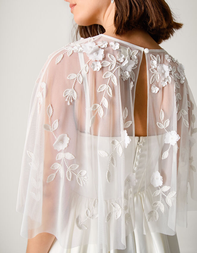 Celeste Satin Wedding Dress with Floral Embellished Cape, Ivory (IVORY), large