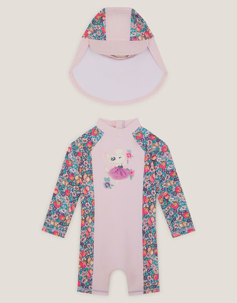 Baby Shell Print UPF50+ Swimsuit & Sun Hat Set, Pink (PINK), large
