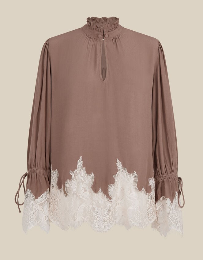 Selene Ruffle High Neck Lace Blouse, Mink (MINK), large