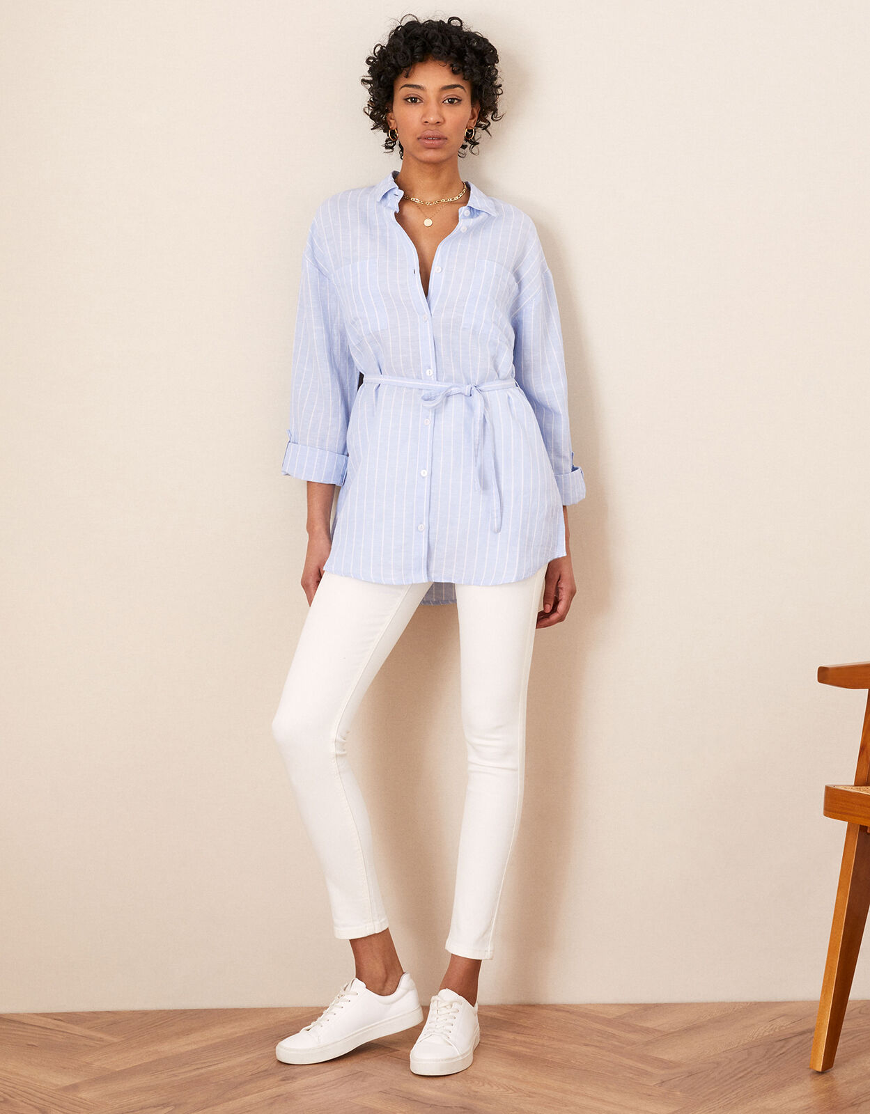 Stripe Longline Shirt in Linen Blend Blue