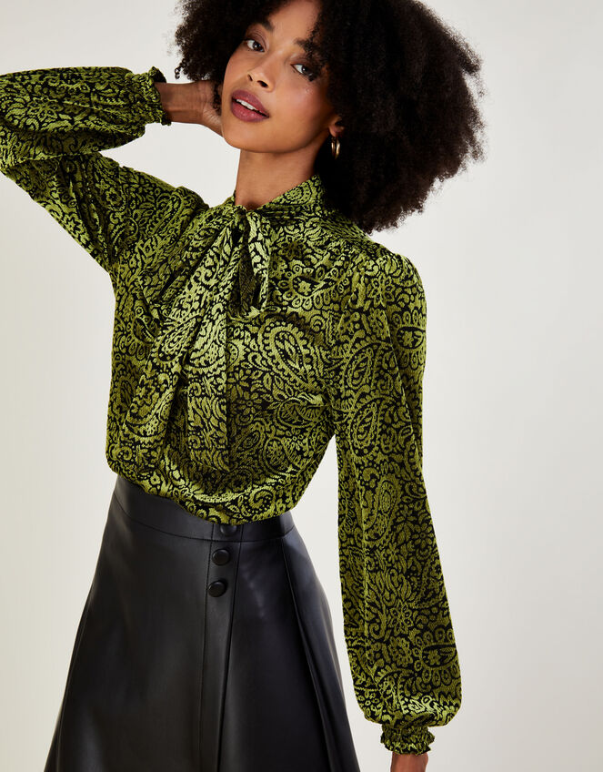 Genevieve Paisley Devore Pussybow Blouse Green | Blouses & Shirts ...