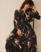 Clemence Margaux Long Sleeve Contrast Frill Floral Print Maxi Dress, Black (BLACK), large