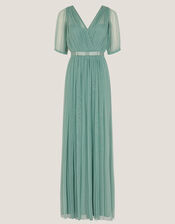 Ellie Sheer Sleeve Plunge Tulle Maxi Dress, Green (SAGE), large