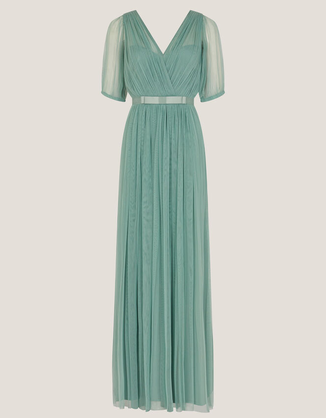 Ellie Sheer Sleeve Plunge Tulle Maxi Dress, Green (SAGE), large