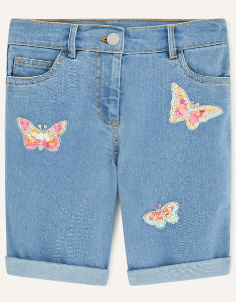 Fluorescent Butterfly Long Denim Shorts, Blue (BLUE), large
