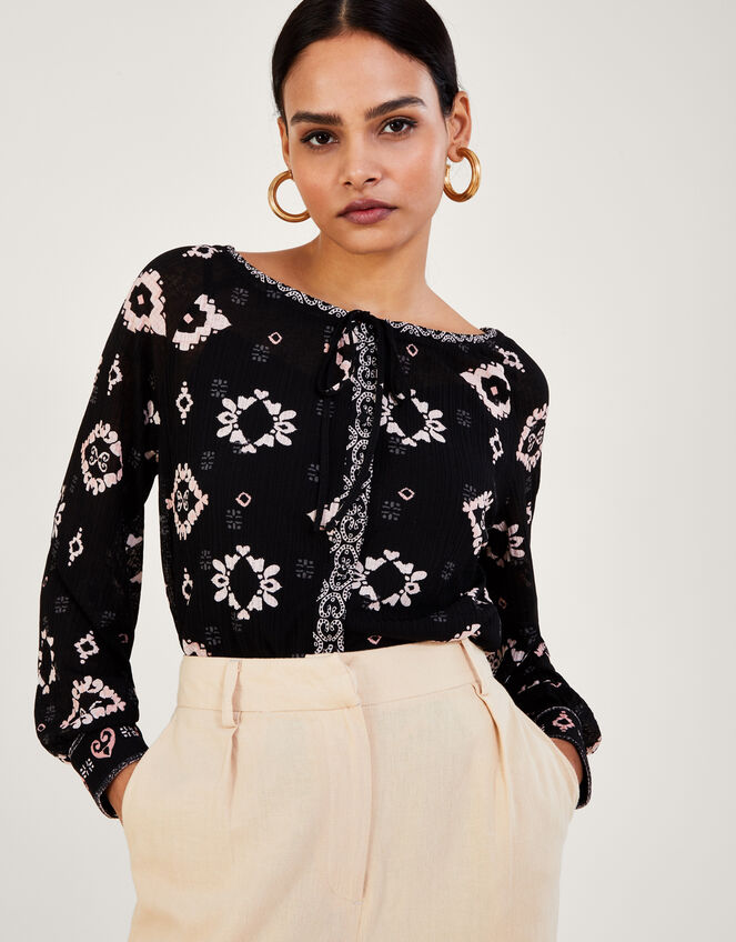All Over Geometric Jersey Top with Recycled Polyester, Black (BLACK), large
