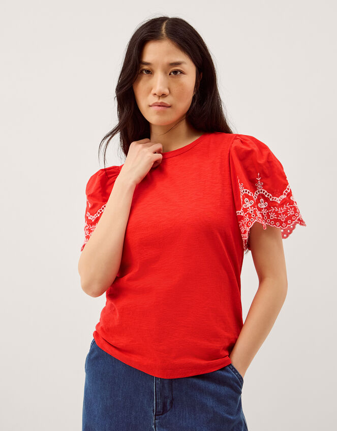 Bree Broderie Sleeve Jersey T-Shirt, Red (RED), large
