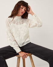 Leni High Neck Embroidered Mesh Blouse, Ivory (IVORY), large