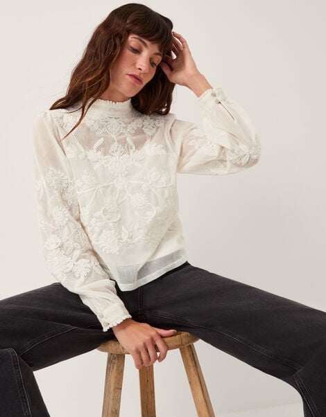 Leni High Neck Embroidered Mesh Blouse, Ivory (IVORY), large
