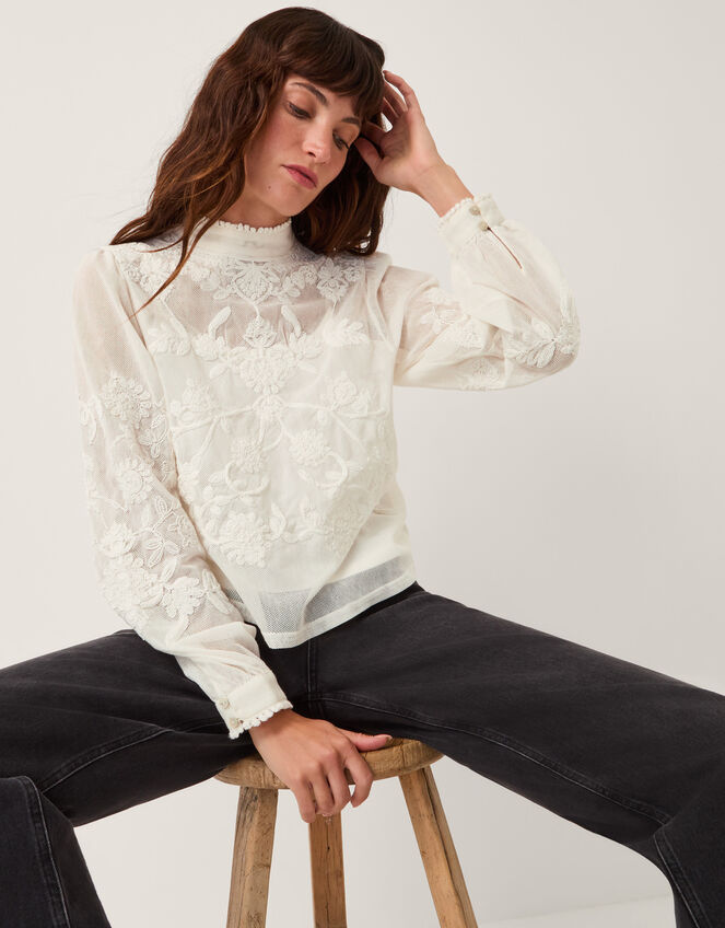 Leni High Neck Embroidered Mesh Blouse, Ivory (IVORY), large