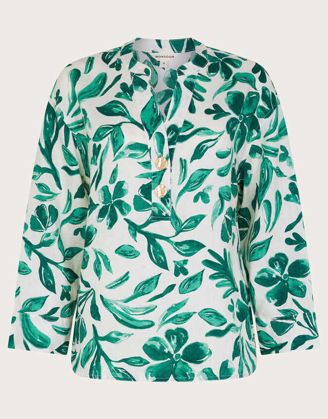Naomi Print Linen Blouse, Green (GREEN), large