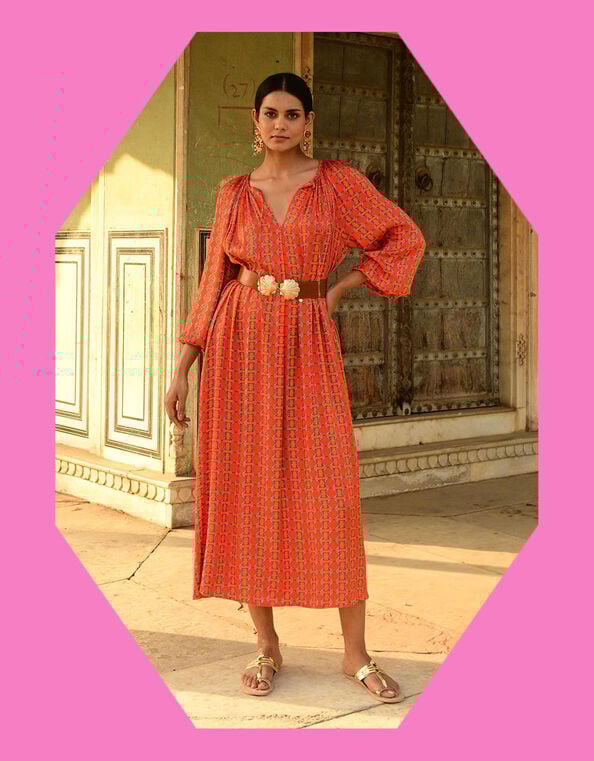 DEEBA Oozie Print Dress, Orange (ORANGE), large