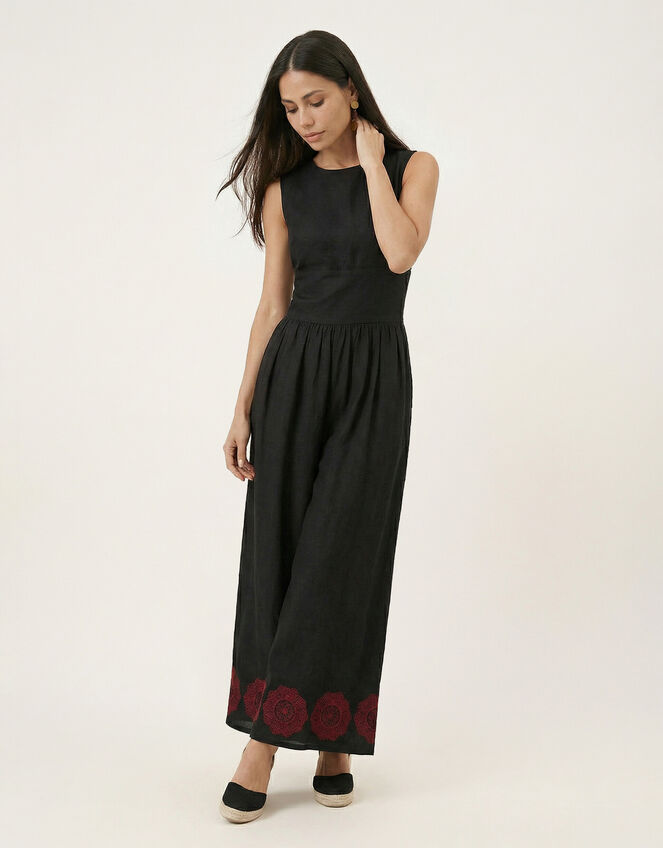 Raffya Vanessa Embroidered Wide Leg Jumpsuit, Black (BLACK), large