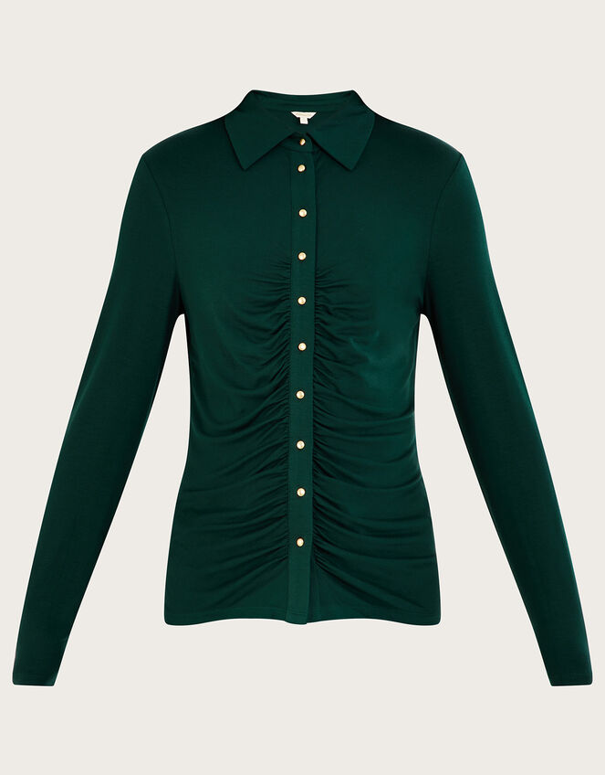 Button Through Ruched Jersey Shirt, Green (GREEN), large