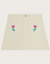 Tulip Embroidered Denim Skirt, Cream (CREAM), large
