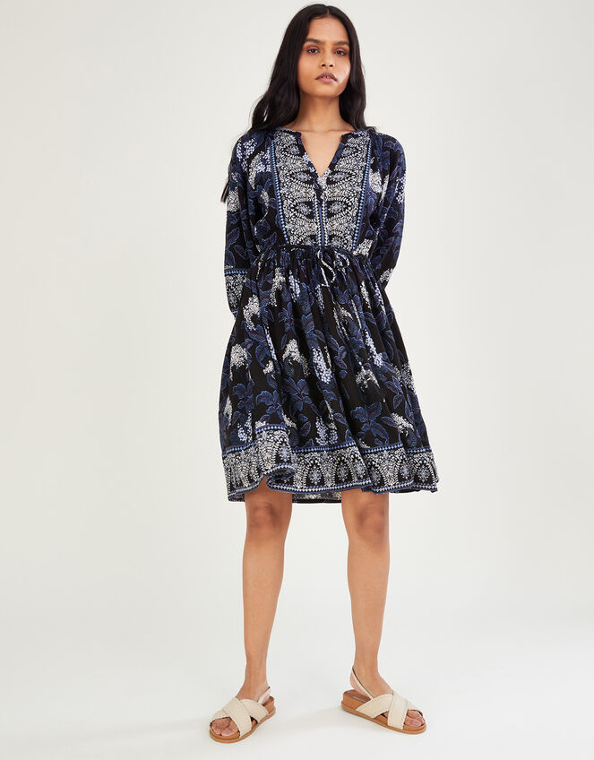 Heritage Print Smock Tie Waist Dress, Blue (NAVY), large