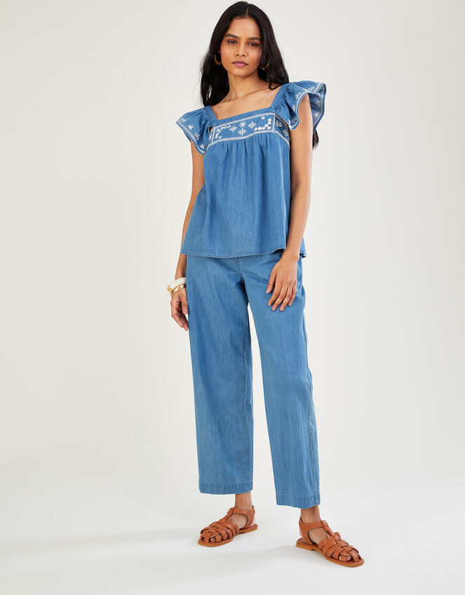 Embroidered Denim Top, Blue (BLUE), large