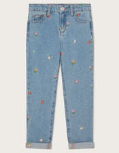 Floral Embroidered Straight Jeans, Blue (BLUE), large