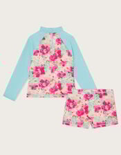 Tropical Floral Long Sleeve Swim Top and Shorts Set, Blue (TURQUOISE), large